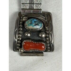 Vintage Sterling Navajo Turquoise And Coral Watch Band Signed HL Helen Long
